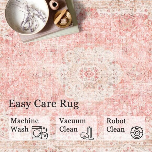 SIXHOME Washable 3 New 3x5 Pink Area Rug, Washable, Non-Slip Vintage Distressed Carpet for Bedroom